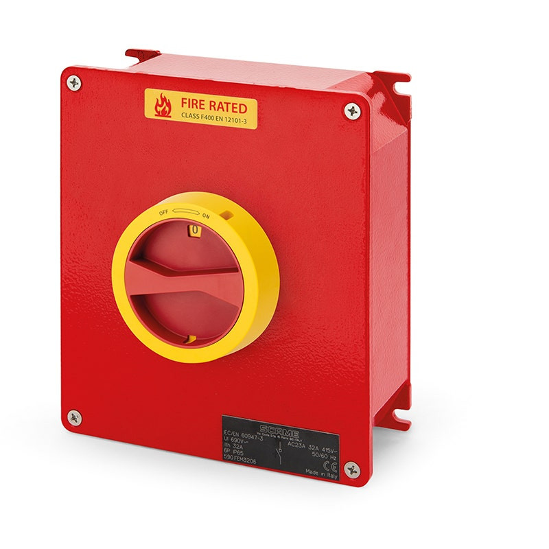 SCAME - Enclosed Switch Disconnector, 63A, 3P+N Emergency Fire Rated F400, IP65, 217x253x93mm, FR2 IK10, Die Cast Aluminium, Yellow/Red