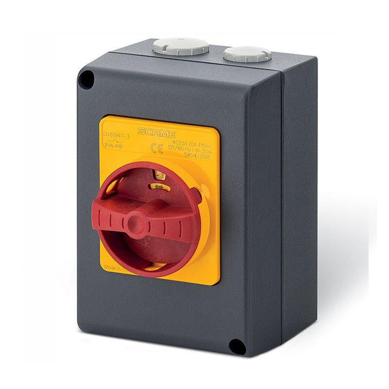 SCAME - Enclosed Switch Disconnector, 40A, 3P+SN, IP66, 105x150x82mm, Y1, IK10, Emergency, Yellow/Red, SN (Solid Neutral)