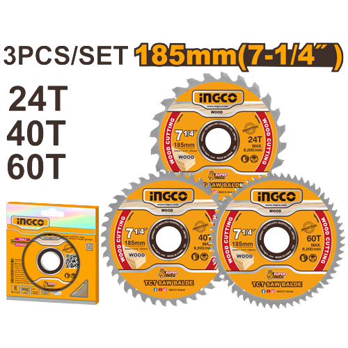 TCT saw blades Wood cutting set (3 Pcs/set)3pcs/185mm(7-1/4") 24T -40T -60T طقم ديسك خشب 3 قطع 7.25" 185ملم