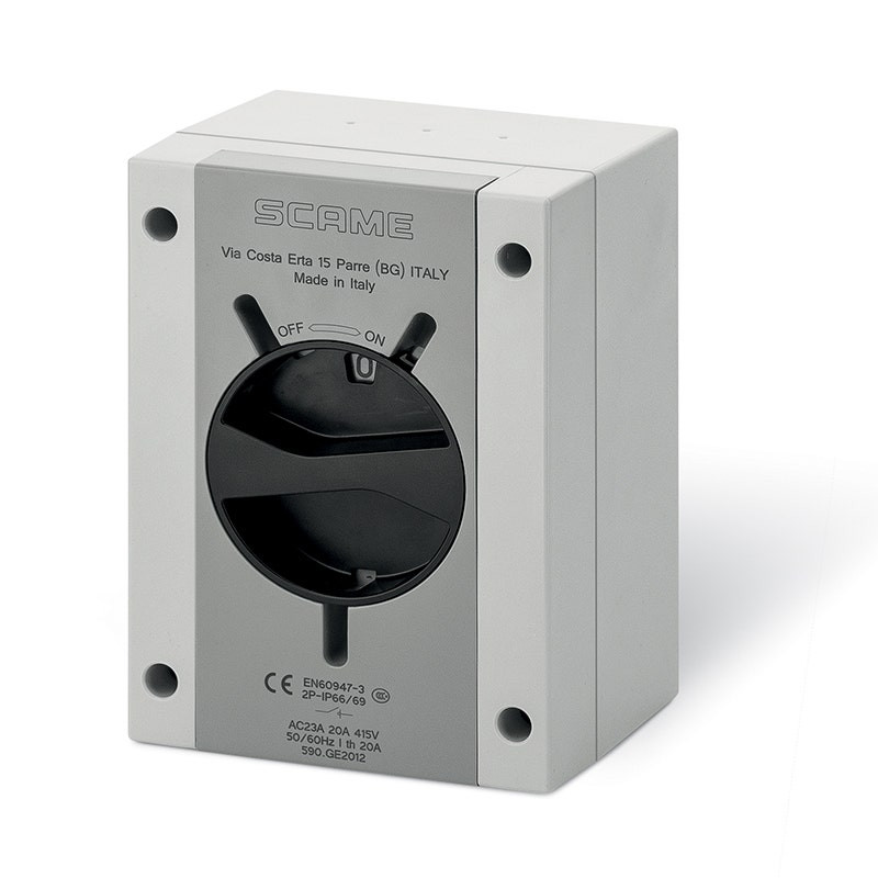 SCAME - Enclosed Switch Disconnector, 32A, 3P+N, IP66/IP69, 110x150x87mm, Y1 IK09, General, Thermoplastic, GW 650°C, Grey/Black