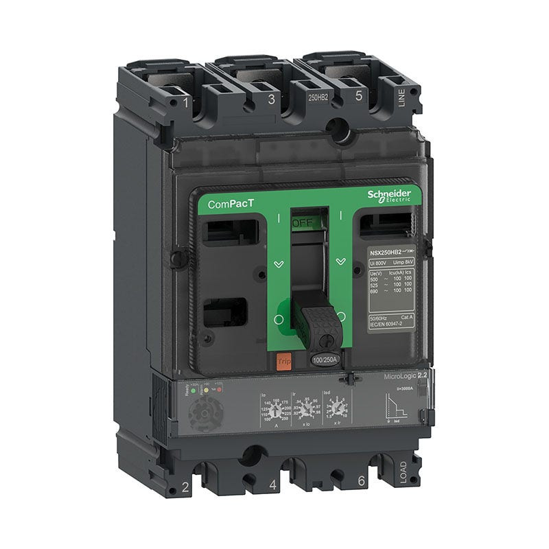 SCHNEIDER - MCCB Breaker, ComPacT NSX250F, 36kA at 415VAC, MicroLogic 2.2 Trip Unit 160A, 3P 3D