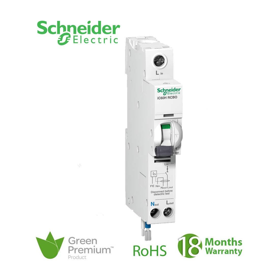SCHNEIDER - RCBO Breaker, Acti9 iC60H, Earth Leakage, 1P + N, C curve, 16A, 10mA, 240 V