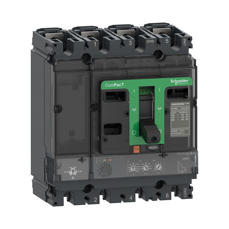 SCHNEIDER - MCCB Breaker, ComPacT NSX160N, 50kA at 415VAC, MicroLogic 2.2 Trip Unit 160A, 4P 4D
