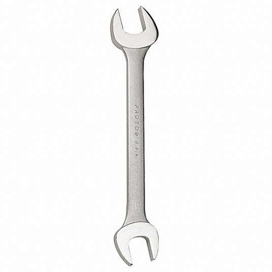 Open End Wrench, Alloy Steel, Satin, Head Size 20 mm, 22 mm, Overall Length 9 31/64 in, 15 Degree