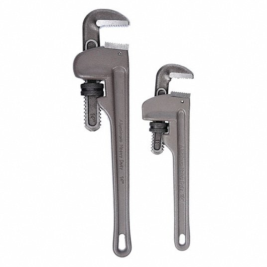Pipe Wrench, Aluminum, 1 1/2 in_2 inch Jaw Capacity, Serrated, 10 inch_14 inch Overall Length
