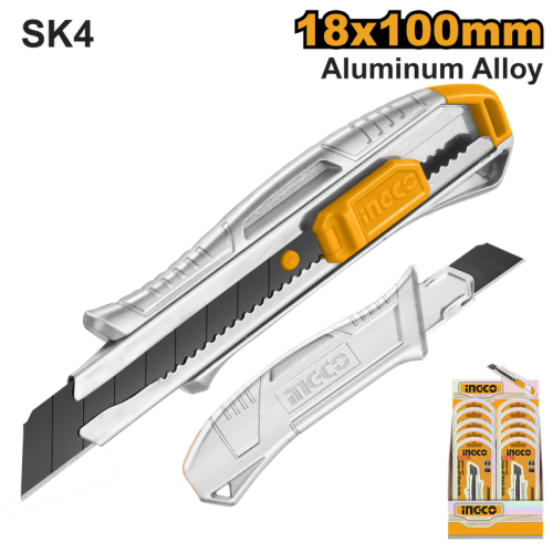 Snap-off blade knife SK4 18*100mm With flat push buttonمشرط يد سحب مع 4 شفرات مسكة المنيوم