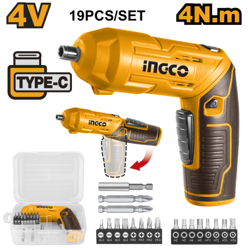 4V Lithium-Ion Cordless Screwdriver with Adjustable Handle and LED Work Lightمفك بطارية شحن 4 فولت مع لقم فك وربط متعدد الاستخدام