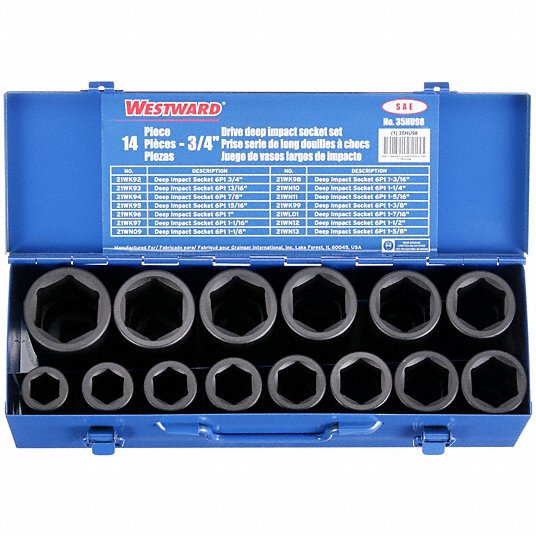 7BrXwICJ8YFT.jpg Impact Socket Set, 3/4 inch Drive Size, 14 Pieces, 3/4 inch to 1 5/8 inch Socket Size Range, SAE - Image 1
