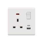 Switched ZI 13A socket (double pole) with neon light, USB Type A+C support, in a Matte white housing.