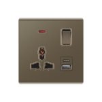 Zi 13*2A dual socket with switch and neon light, includes USB A and C ports, in a brown body. 32*88*86mm