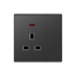 Zi 13A switched socket with neon indicator, double pole, in a black finish. Size: 32×88×86mm.