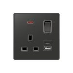 Zi switched socket 13*2A  with neon , USB Type A+C ports and a Black finish.