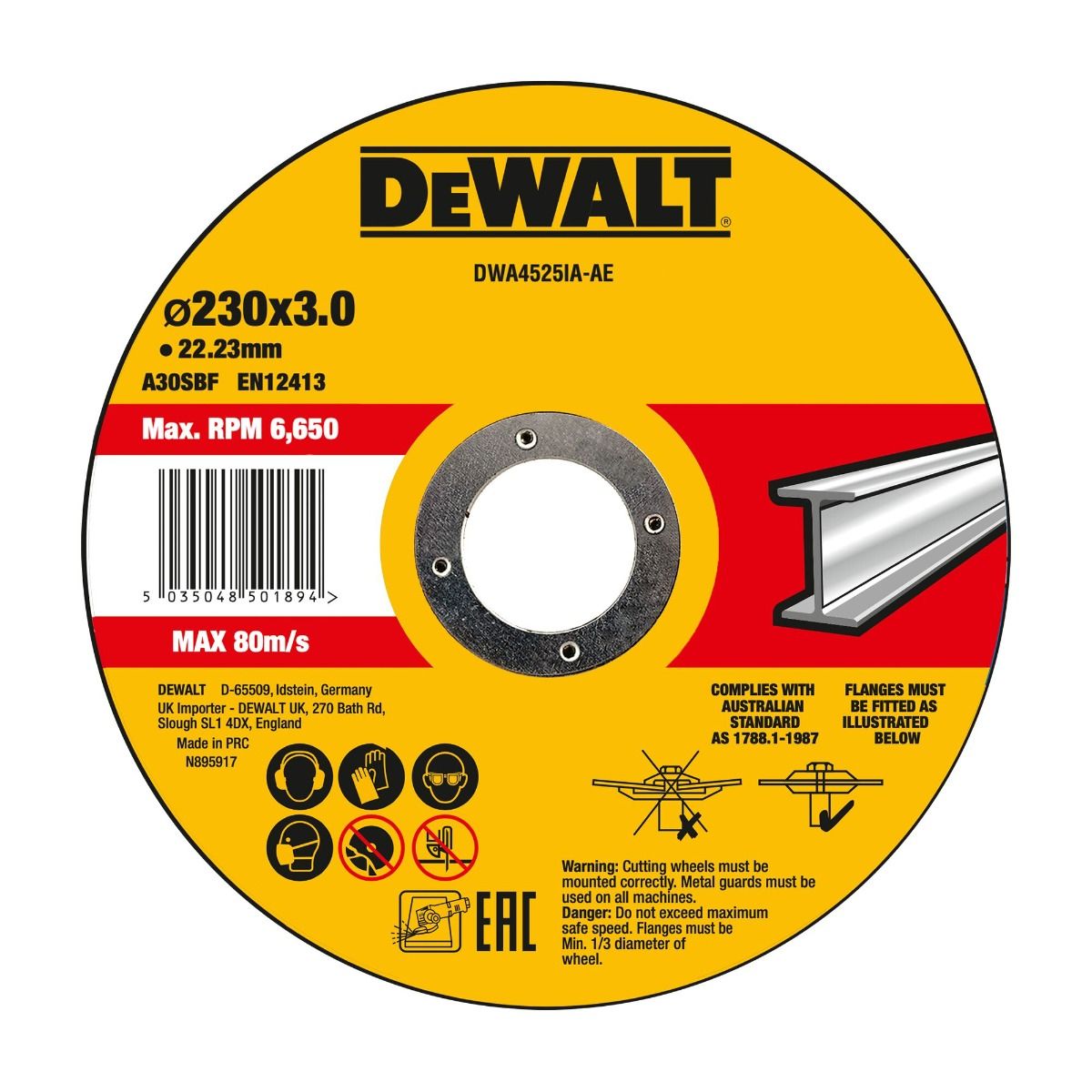 dwa4525ia_1_1_.jpg DeWalt Metal Cutting Wheel (Diameter (mm): 230 - Diameter (inch): 9 - arbor_hole_mm: 22) - Image 1